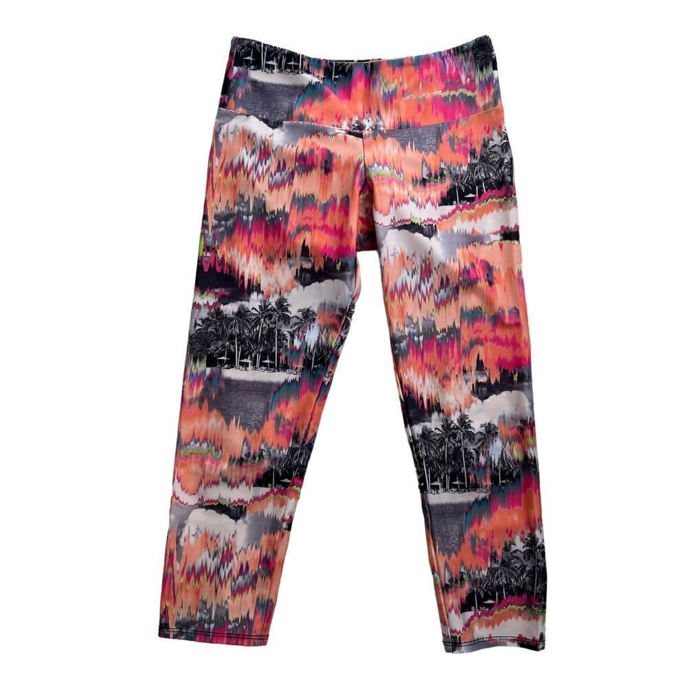 Onzie Charley Neon Orange Yoga Boho Watercolor Palm Tree Crop Leggings Size XS